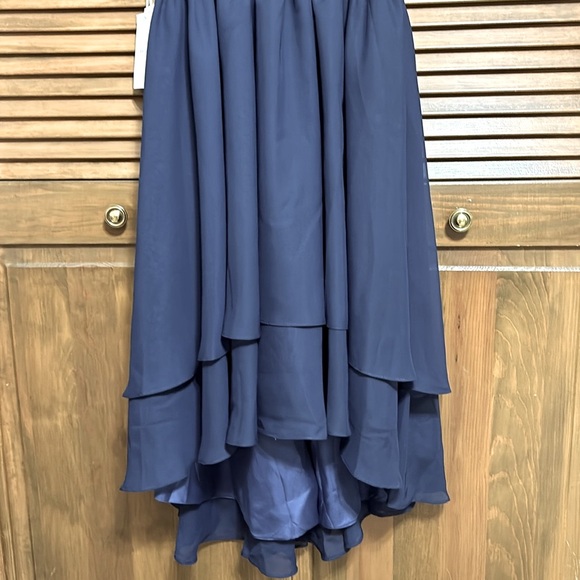 NWT Asymmetrical Chiffon Jr Bridesmaid Navy Dress Halter Spaghetti Straps Size 8 - Picture 4 of 16